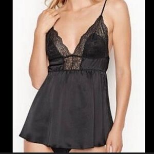 Victoria's Secret Black Satin & Lace Babydoll Cami Lingerie Top S
